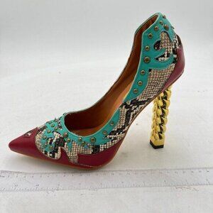 FSJ Women Gold Metal Chain Chunky High Heel Pointed Toe Slip On Fashion Party Pr
